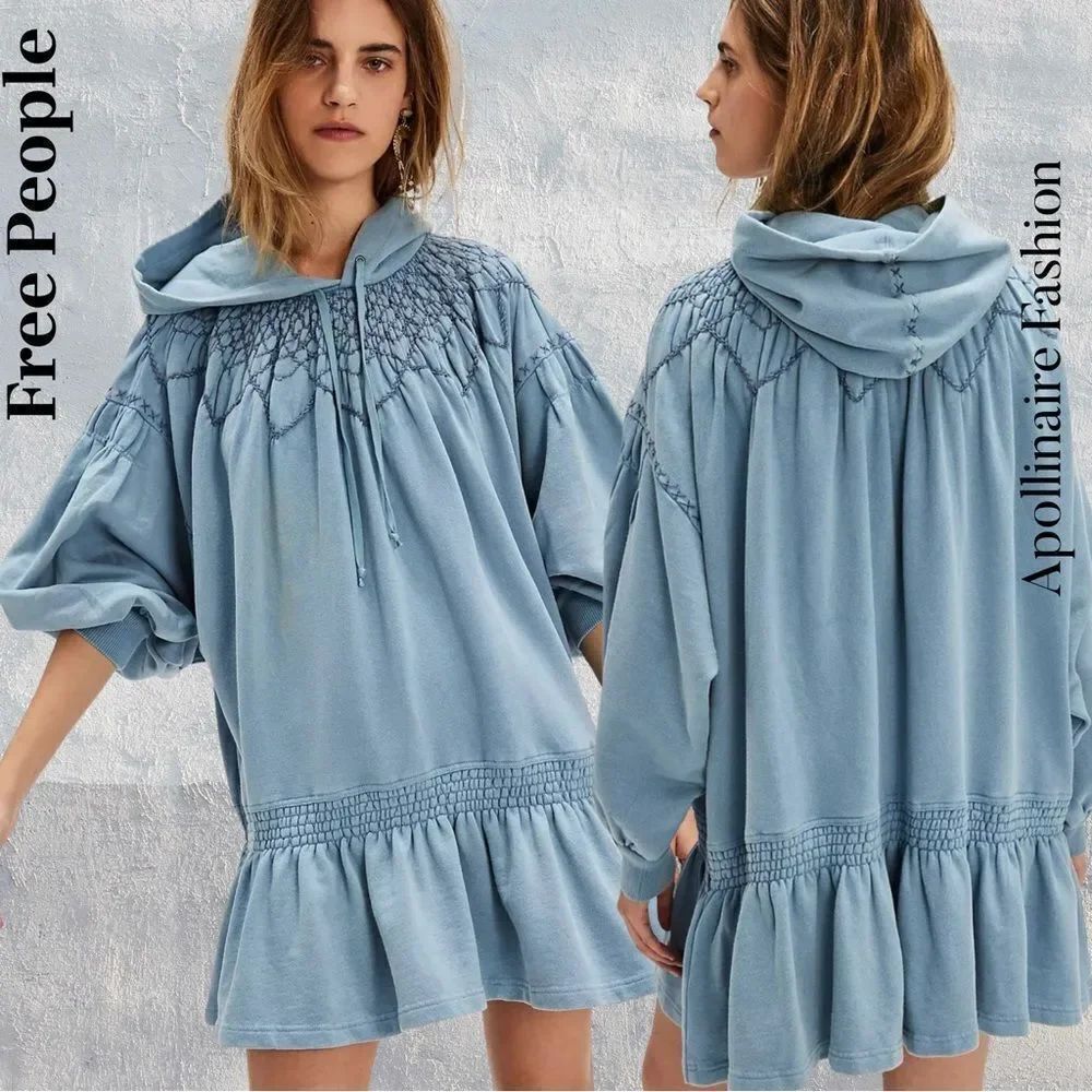 Free People Marty Smocked Hoodie Dress in Mountain Spring Medium NWOT